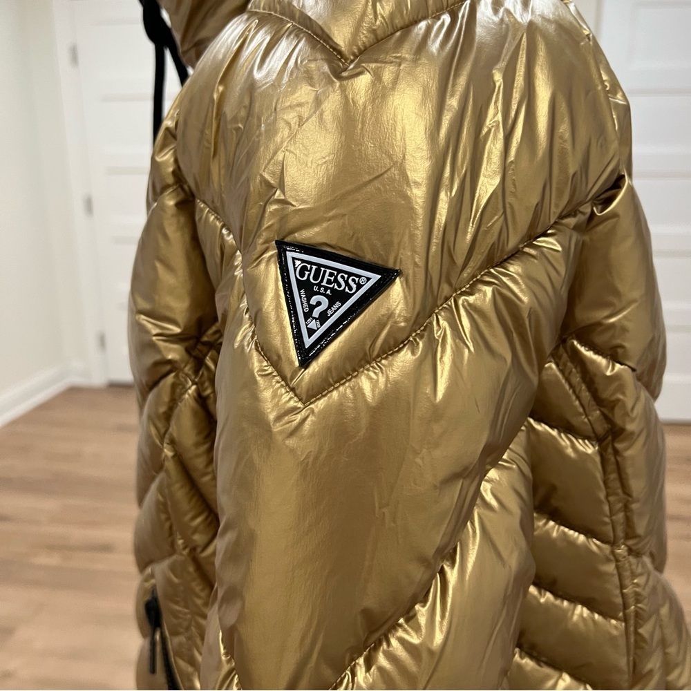 GUESS Metallic Gold Quilted Hooded Puffer Coat Women XXL/2X Zip NWT - Picture 8 of 16